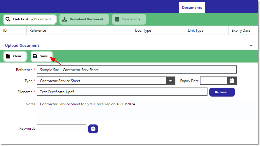 Helpdesk - Documents Tab (Upload Form - Populated)