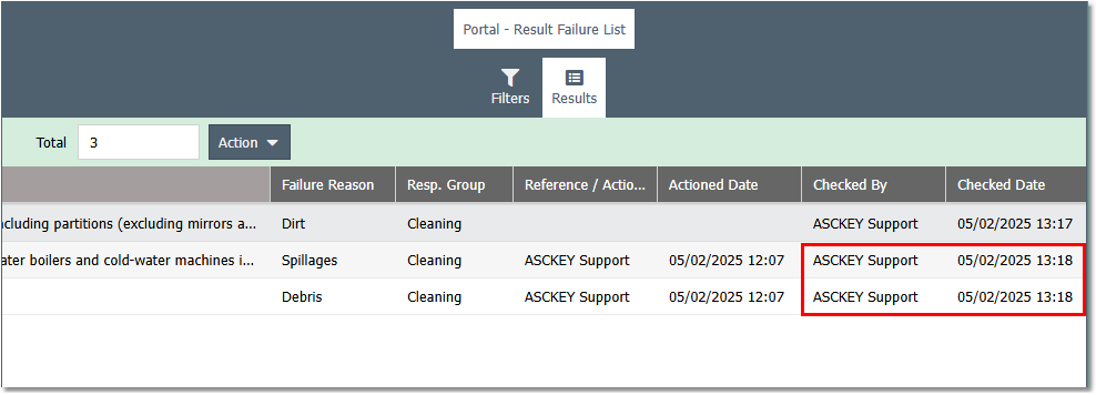 Result Failure List - Results List - Confirm columns