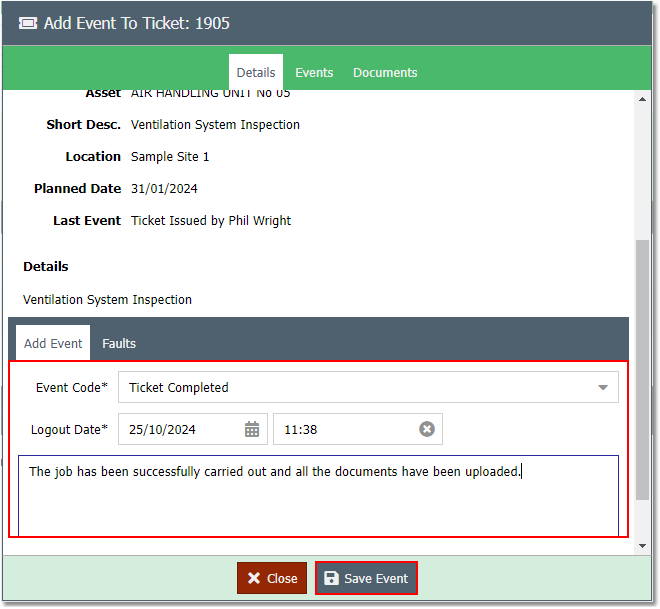 Contractor Ticket List - Add Event Form