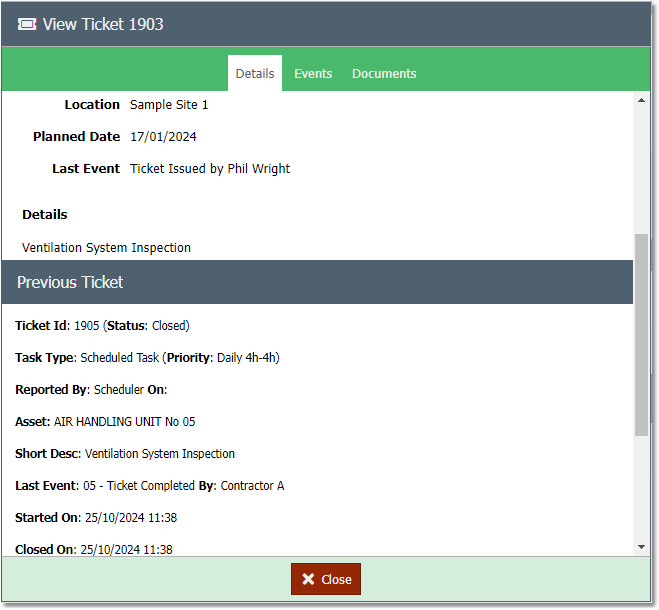 Contractor Ticket List - View Prev Ticket Panel