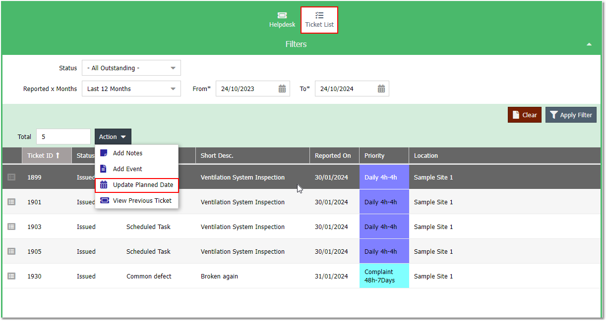 Contractor Ticket List - Update Planned Date