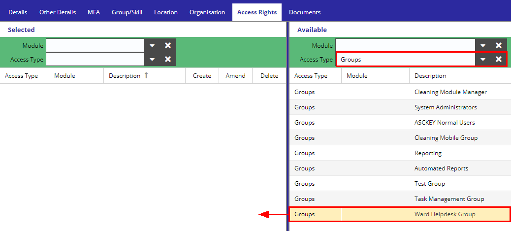 Staff Details - Access Rights (Group)