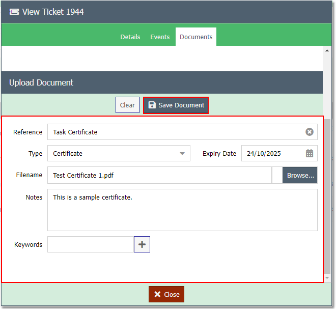 Portal Ticket List - Upload Document