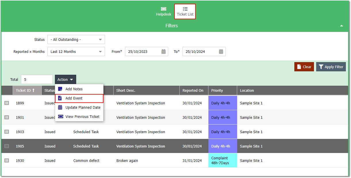 Contractor Ticket List - Add Event