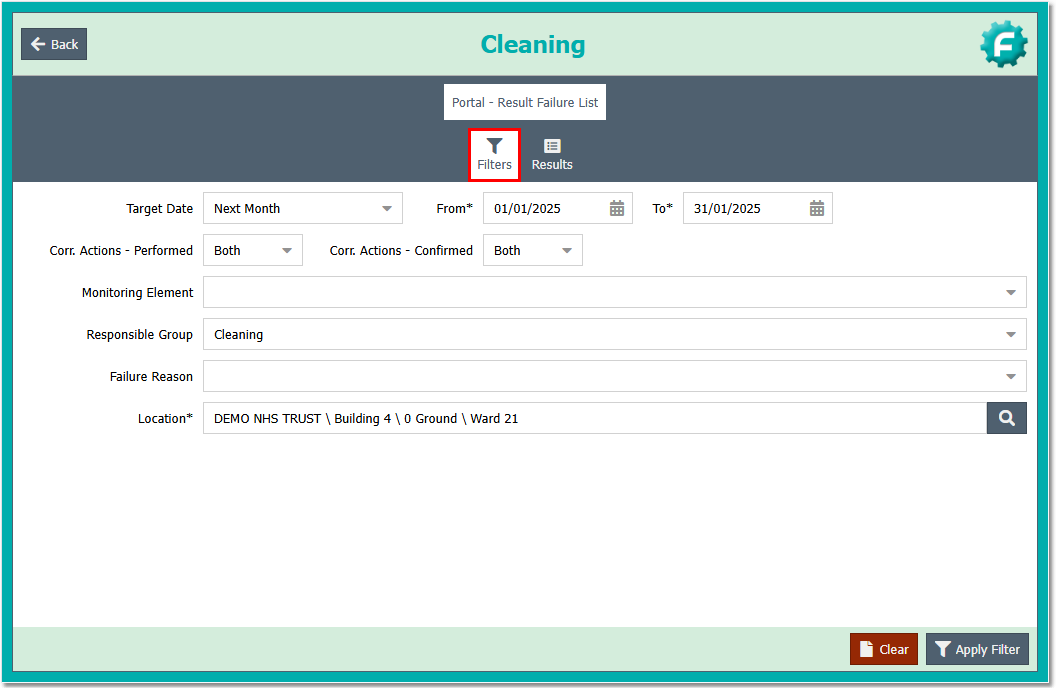 Result Failure List - Filter Form