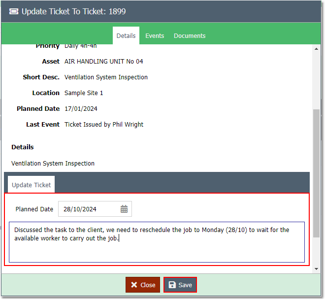Contractor Ticket List - Update Planned Date Form