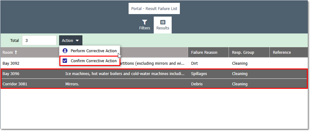 Result Failure List - Results List - Confirm button