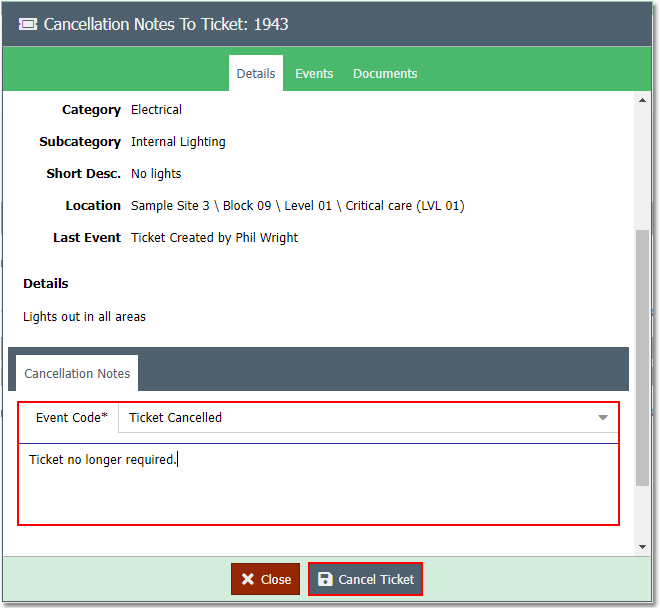 Portal Ticket List - Cancel Ticket