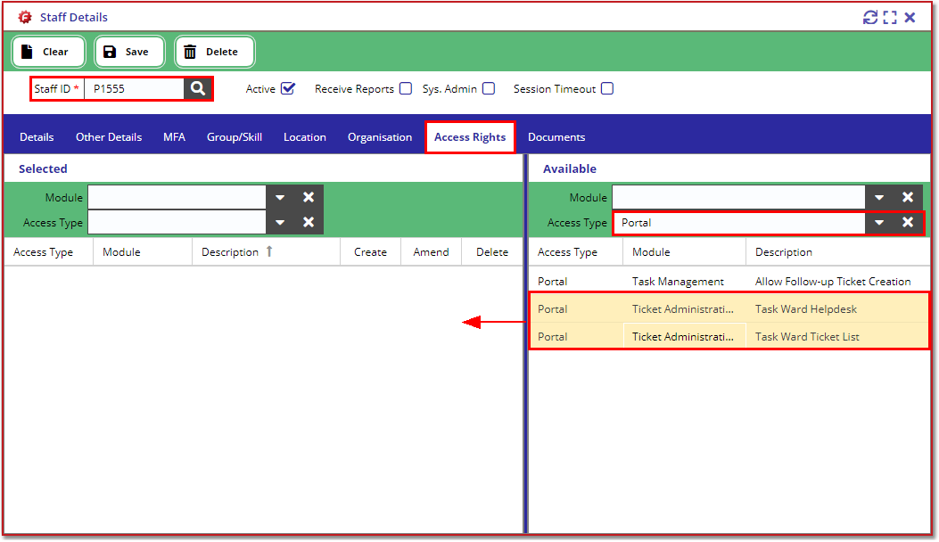 Staff Details - Access Rights